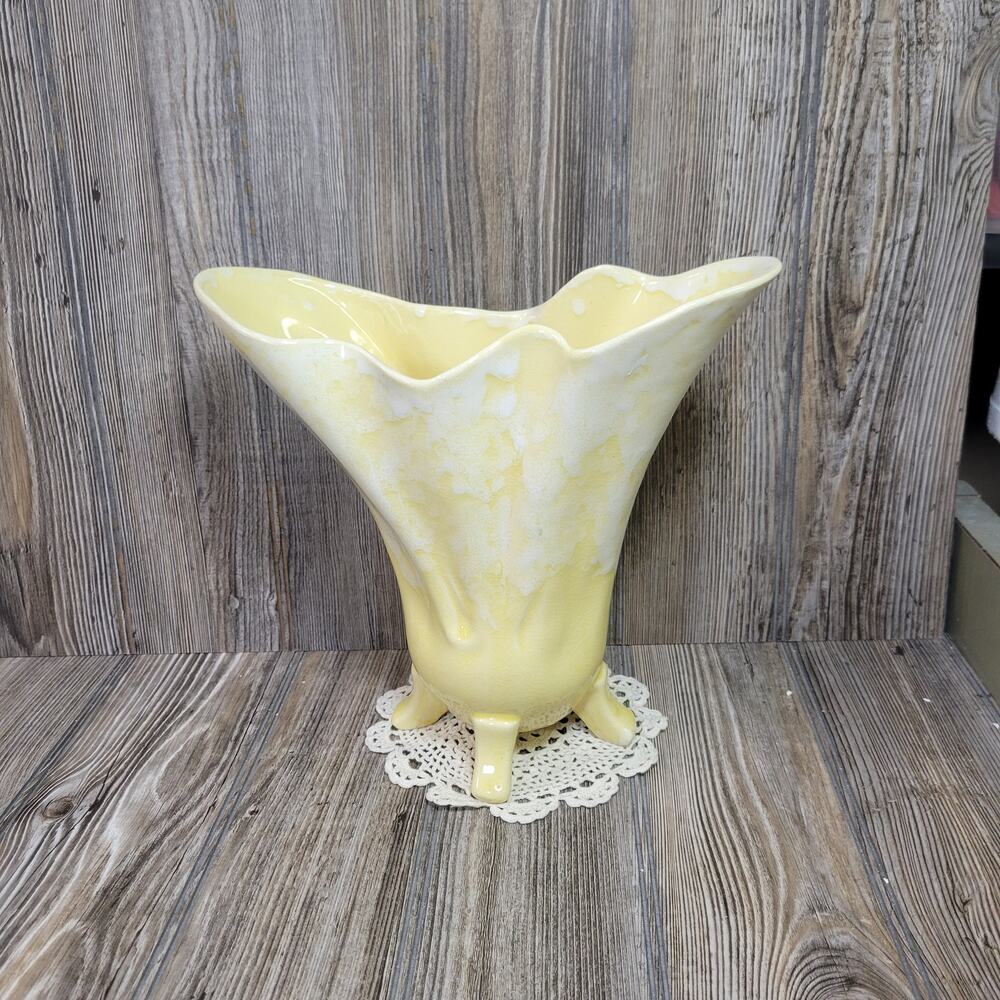 Vintage Brush Pottery USA 923 Yellow Drip Glaze Footed Large Flared Vase McCoy